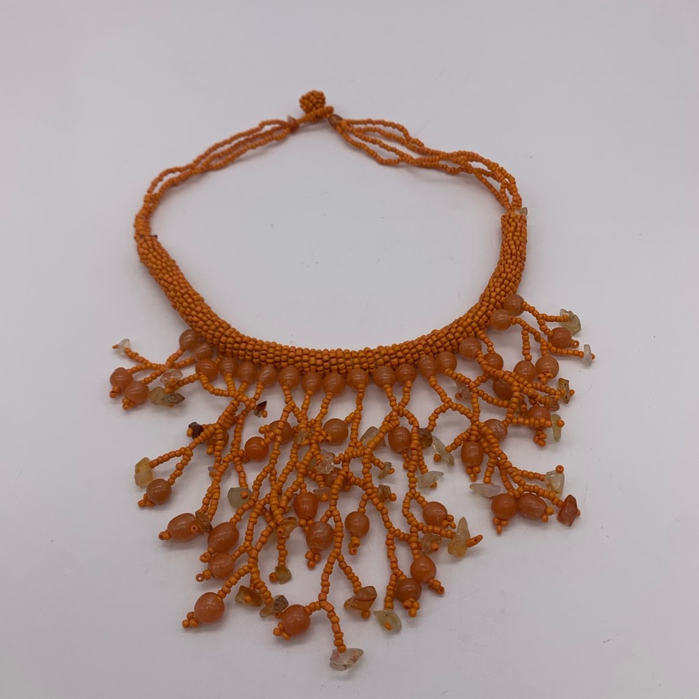 Orange Coral Style Beaded Choker Necklace With Glass Beads & Stones